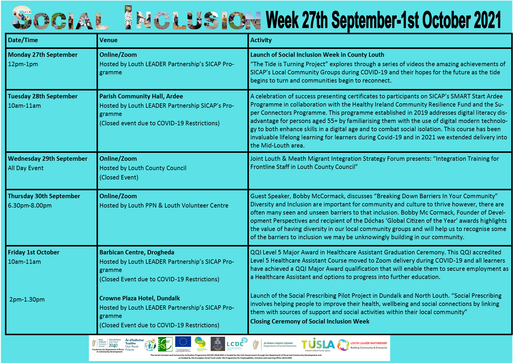SISocial Inclusion Week 2021 Calendar of Events